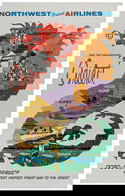 Northwest Orient Airlines / See the Enchanting Orient. 1965...: Northwest Orient Airlines / See the Enchanting Orient. 1965. Travel poster advertising DC-8 jet service to various destinations in Asia, with illustrations representing different destinations includin