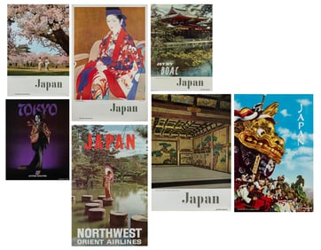 Japan. Group of 7 tourism and airline posters. 1960s-80s. I...