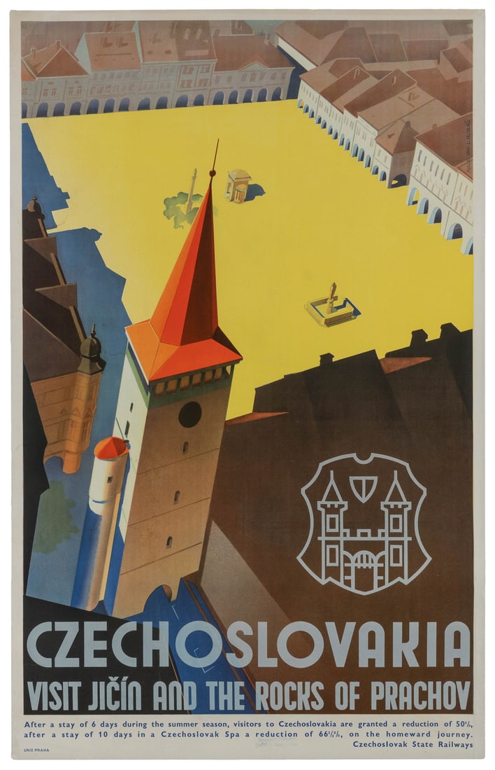 HORAK, Ladislav (1904 – ?). Czechoslovakia / Visit Jicin an...: HORAK, Ladislav (1904 – ?). Czechoslovakia / Visit Jicin and the Rocks of Prahov. Prague: Unie, ca. 1930. Czechoslovak State Railways poster with an aerial illustration of Wallenstein Square in