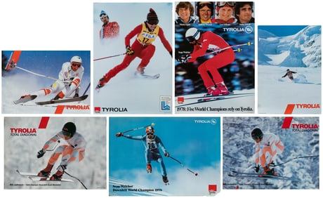 Group of 7 Tyrolia ski advertising posters. Photographic po...
