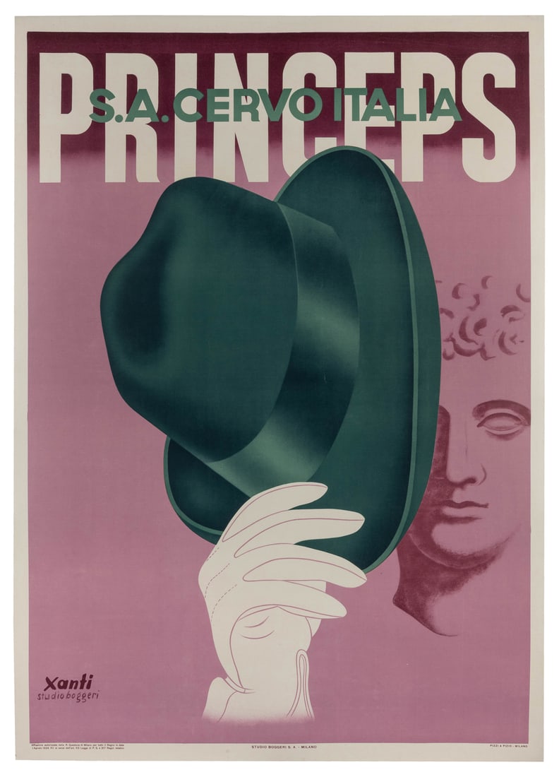 XANTI (Alexander Schawinsky, 1904 – 1979). Princeps / S.A. ...: XANTI (Alexander Schawinsky, 1904 – 1979). Princeps / S.A. Cervo Italia. 1934. Milan: Pizzi & Pizio. Color lithograph poster for the Italian hat company depicts a gloved hand holding a green hat