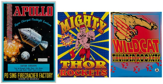 Group of 16 fireworks posters. Circa 1990s. Color posters a...