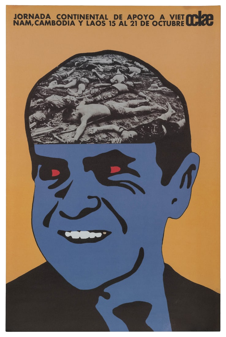 BALAGUER, Luis. Jornada Continental de Apoyo a Viet Nam, Ca...: BALAGUER, Luis. Jornada Continental de Apoyo a Viet Nam, Cambodia y Laos, 15 al 21 de Octubre, 1969. Cuban political poster showing a sinister President Nixon with dead bodies from the Vietnam War on