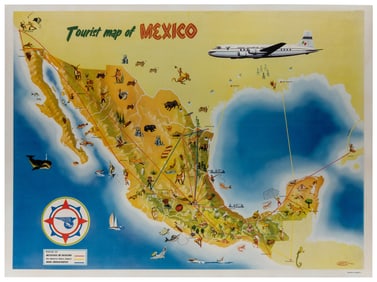 Tourist Map of Mexico. Circa 1950s. Horizontal offset litho...