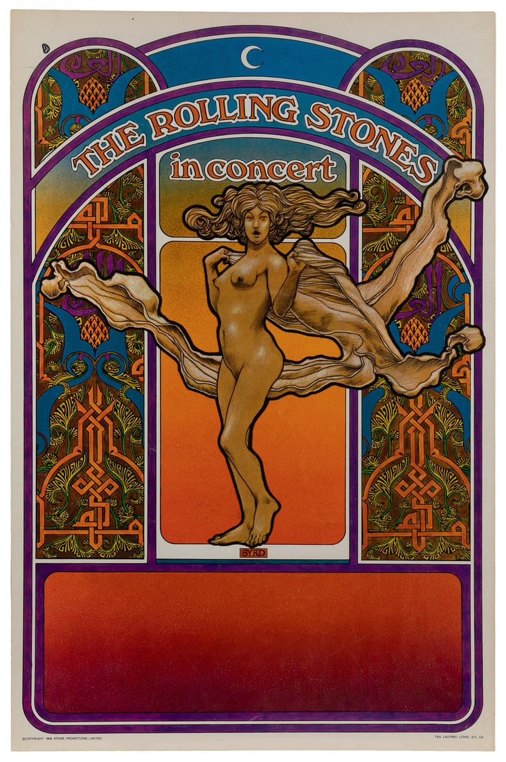 BYRD, David (b. 1941). The Rolling Stones / in Concert. 196...: BYRD, David (b. 1941). The Rolling Stones / in Concert. 1969. San Francisco: Tea Lautrec Litho. Stock poster from the Rolling Stones’ 1969 Tour of the Americas. The blank space below would be ov