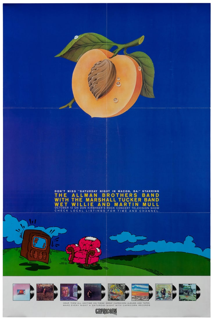 Don Kirshner’s Rock Concert Television Show. 1973. This Cap...: Don Kirshner’s Rock Concert Television Show. 1973. This Capricorn Records poster, by the designer Gomez, promotes the television appearance of the Allman Brothers, The Marshall Tucker Band,