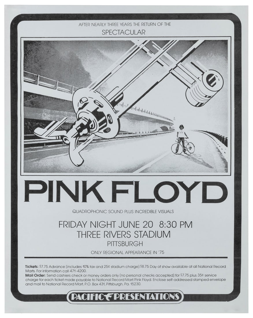 Pink Floyd / Three Rivers Stadium. 1975. Pacific Presentati...: Pink Floyd / Three Rivers Stadium. 1975. Pacific Presentations version. Concert poster from the “Wish You Were Here” tour promoting Pink Floyd show with “quadrophonic sound plus incr
