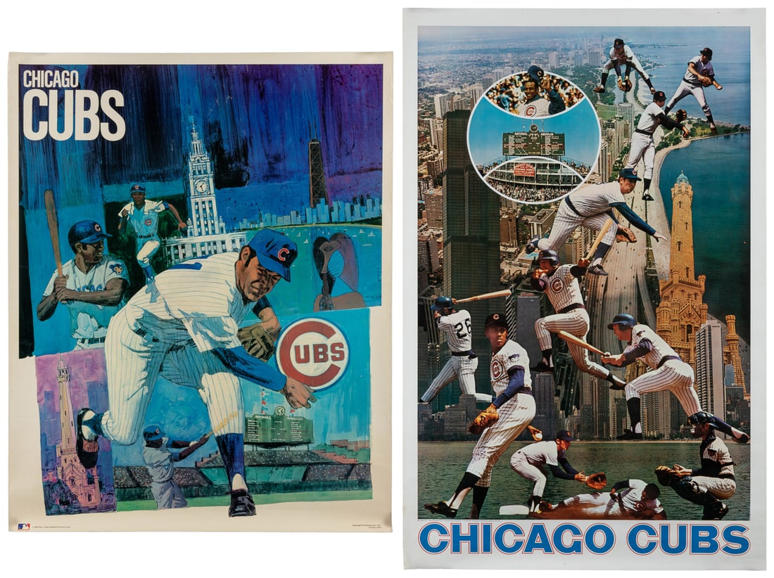 [MLB]. Pair of Chicago Cubs Posters. Including one ProMotio...: [MLB]. Pair of Chicago Cubs Posters. Including one ProMotions, Inc., 1971, featuring a painterly rendition of players along with Chicago related imagery; the other by Editorial Publications Ltd., 1973