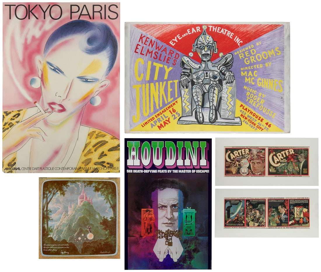 Group of 16 magic, theater, film, circus, and other posters...: Group of 16 magic, theater, film, circus, and other posters. Circa 1950s-80s. Including a color serigraph poster for Red Grooms’ “City Junket; two Doug Henning posters; two Bob Peak design