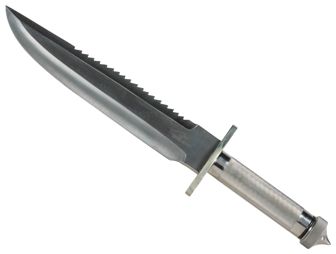 10” Survival Bowie Knife. Apopka, Florida: Colin Cox. Clip ...: 10” Survival Bowie Knife. Apopka, Florida: Colin Cox. Clip point, satin finished blade with functional serrated top edge. Nickel silver hilt, and a knurled stainless-steel handle. Hollow waterpr