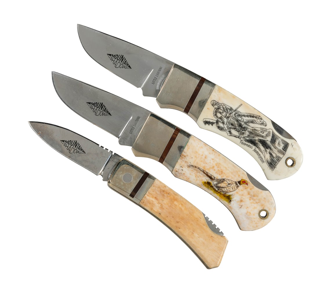 Mountain Shadows Folding Knife Trio. Japan and the U.S.A.: ...: Mountain Shadows Folding Knife Trio. Japan and the U.S.A.: Precise International. Two “Little Lightning” folding knives and one smaller 6-A lock-back knife, all with 6A stainless steel dro