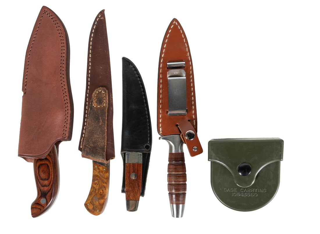 Hunting Knives and Compass Essentials Grouping. U.S.A. and ...: Hunting Knives and Compass Essentials Grouping. U.S.A. and Japan. Includes a “Force boot knife” by Valor, “Hawk” by Lakota, “Tanto” by Taylor, a custom A.K. Daniels