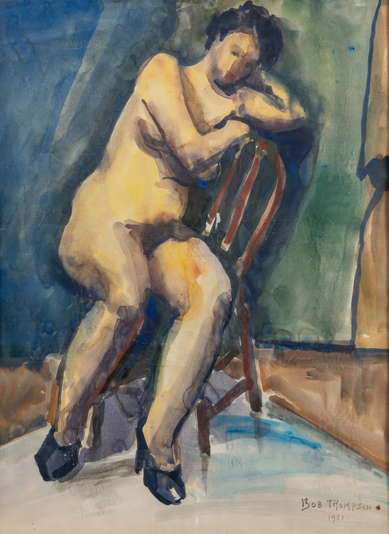 [IN THE STYLE OF] THOMPSON, Bob (American, 1937 – 1966). Seated Nude. Signed ...: [IN THE STYLE OF] THOMPSON, Bob (American, 1937 – 1966). Seated Nude. Signed and dated 1961. Watercolor on paper laid down on board. Cockling and creasing in areas, otherwise good. Behind glass. Not