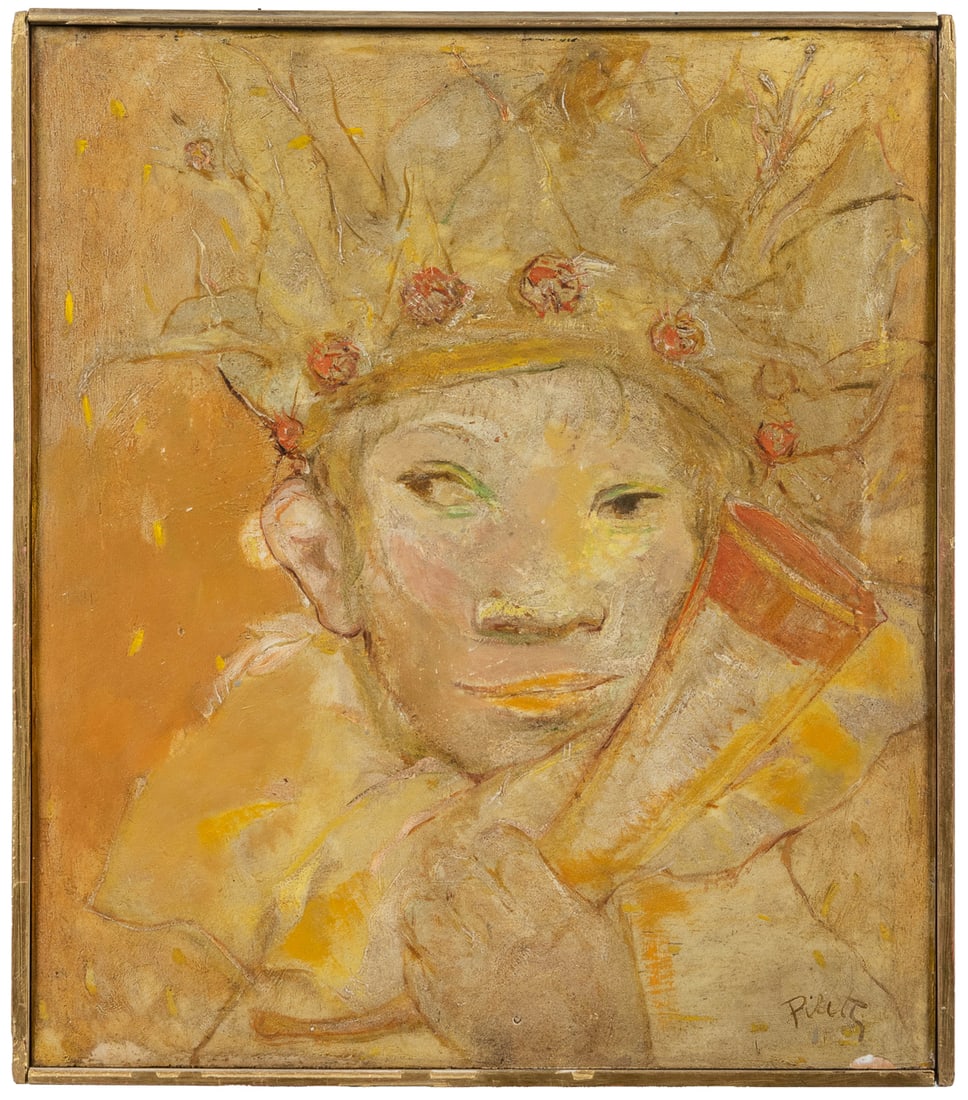 PILETTI, Arturo (Italian, 1922 – 1988). Mask with Horn. Sig...: PILETTI, Arturo (Italian, 1922 – 1988). Mask with Horn. Signed. Inscribed with the title on a label adhered to the reverse. Oil on board. Paint loss at edges, surface dirt, and board slightly wa