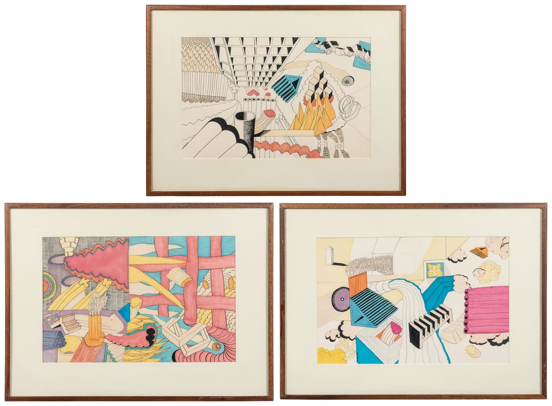 SKUBA, Jerome (American, 20th century). “Aptakisic,” “Majoo...: SKUBA, Jerome (American, 20th century). “Aptakisic,” “Majoon Traveler,” and “Phased-out,” three. Each signed and dated 1970. Each further signed, dated, and inscrib