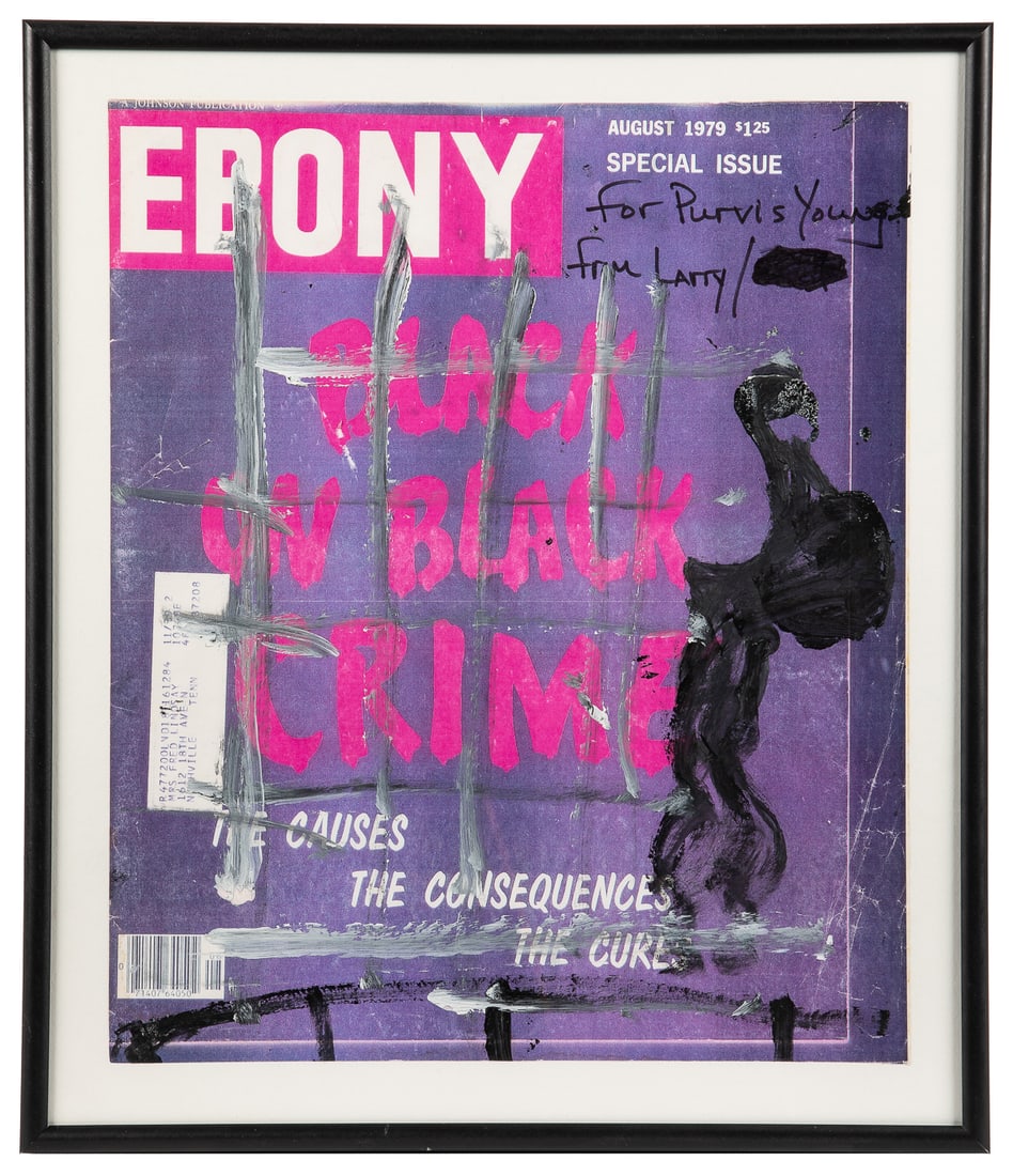 YOUNG, Purvis (American, 1943 – 2010). Untitled (Ebony: Bla...: YOUNG, Purvis (American, 1943 – 2010). Untitled (Ebony: Black on Black Crime). Acrylic on magazine cover. Cover inscribed “For Purvis Young / From Larry.” Minor abrasions, otherwise