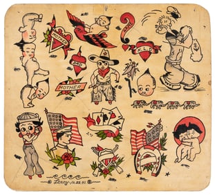 Tattoo Flash, Signed Leroy, 1941. Ink and watercolor on ill...