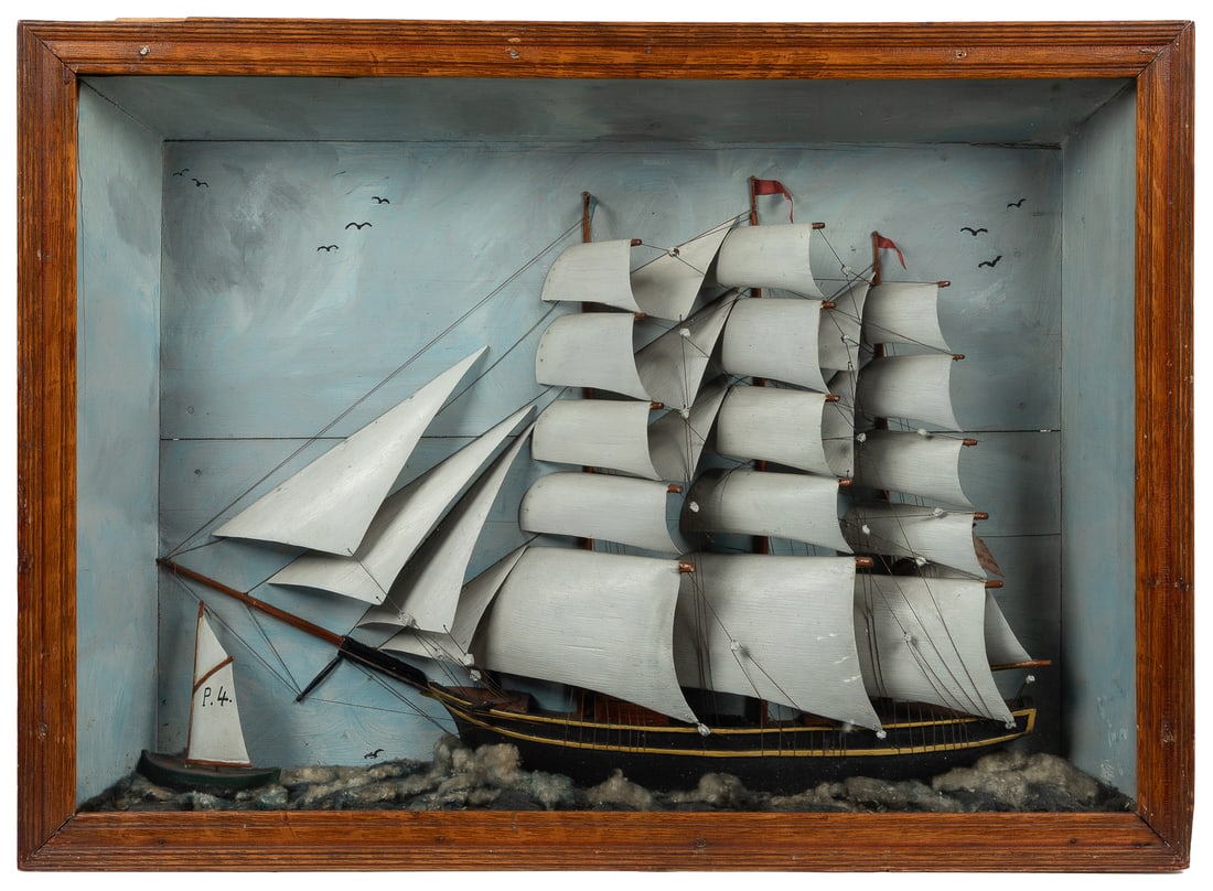 Large and Small Sailboat in a Diorama. 20th Century. Mixed ...: Large and Small Sailboat in a Diorama. 20th Century. Mixed media. Overall good condition. Customer Pickup or Third-Party Shipping Required. 30 x 22 x 5”.