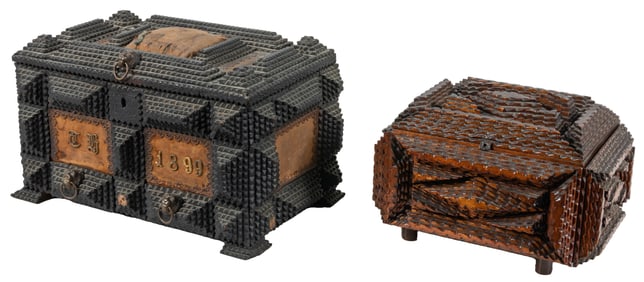 Tramp Art Boxes with Mirrors, (2). 1899 and early 20th Cent...