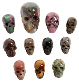Group of Eleven Carved Semiprecious Stone Skulls. Including...