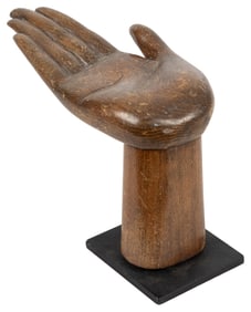 Open Hand Sculpture. Wood on metal base. Palm is facing up....