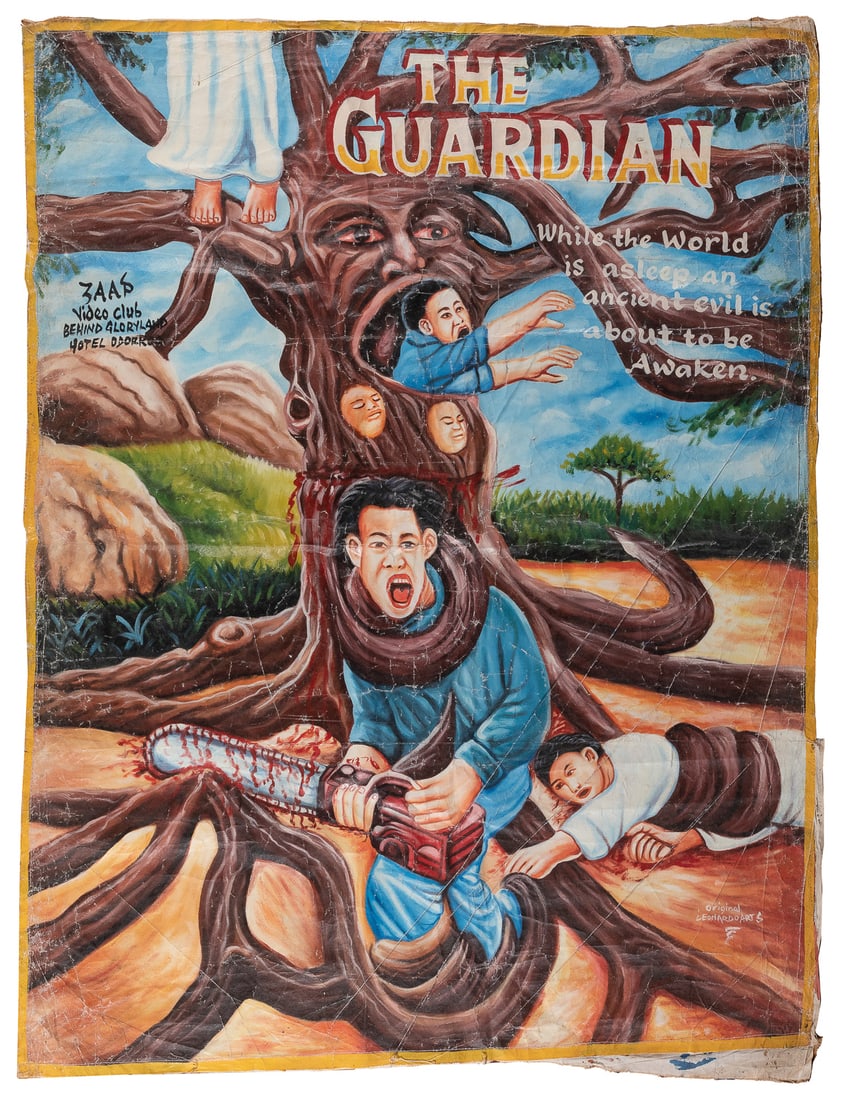 Ghanaian Hand Painted Movie Poster. The Guardian.: Ghanaian Hand Painted Movie Poster. The Guardian. 20th Century. Paint on canvas. Signed Leonardo Arts. Unusual patterns, textures and marks inherent. Wrinkles, scuffs and marks. 60 x 45”.