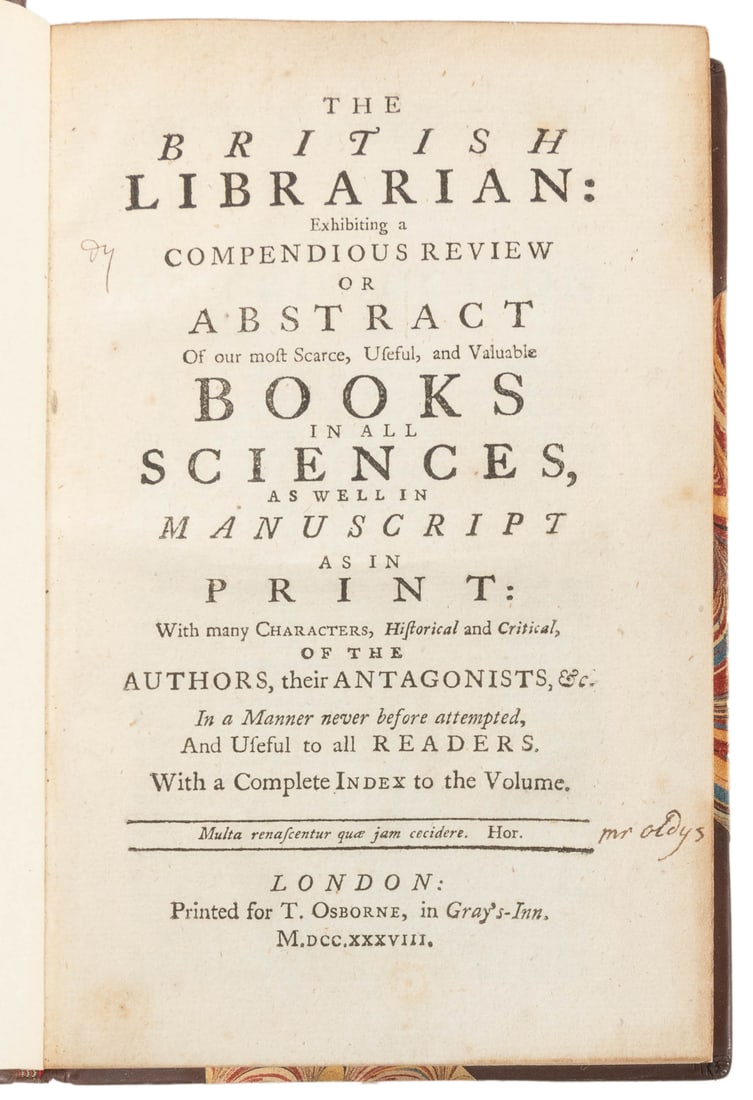 [BOOKS ABOUT BOOKS]. [OLDYS, William]. The British Libraria...: [BOOKS ABOUT BOOKS]. [OLDYS, William]. The British Librarian: Exhibiting a Compendious Review or Abstract Of our most Scarce, Useful, and Valuable Books in all Sciences… London: T. Osborne, 1738