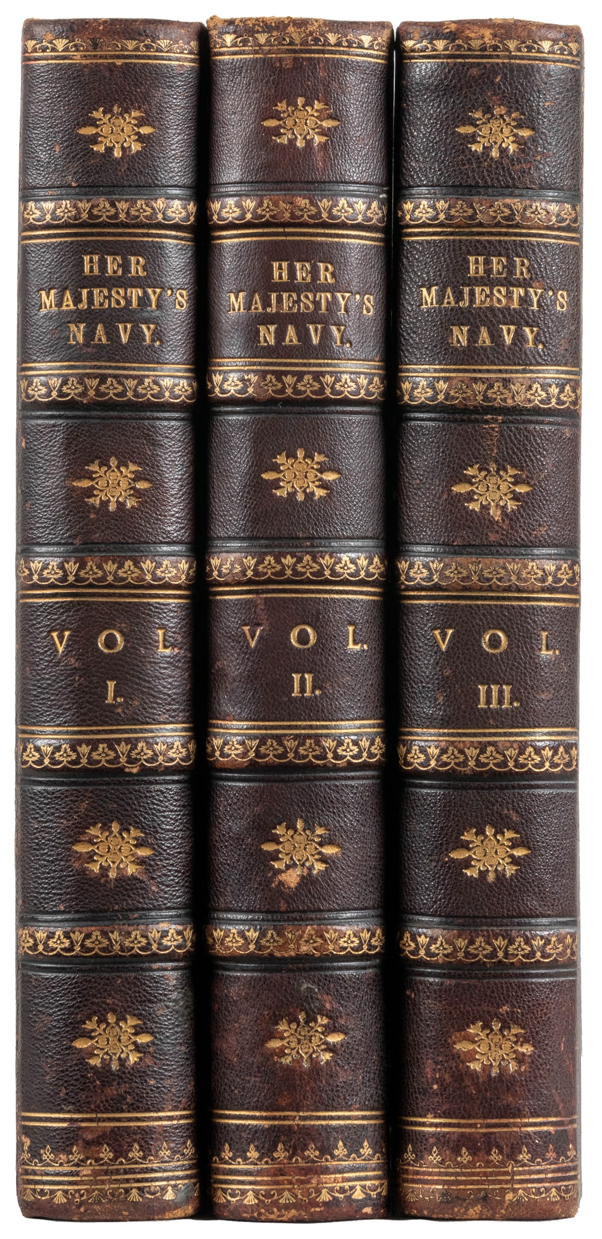 [BRITISH NAVY]. LOW, Lieut. Chas. Rathbone. Her Majesty’s N...: [BRITISH NAVY]. LOW, Lieut. Chas. Rathbone. Her Majesty’s Navy Including Its Deeds and Battles. London: J. S. Virtue, [1890]. 4tos. Illustrated with numerous chromolithographs. 3 volumes. Contem