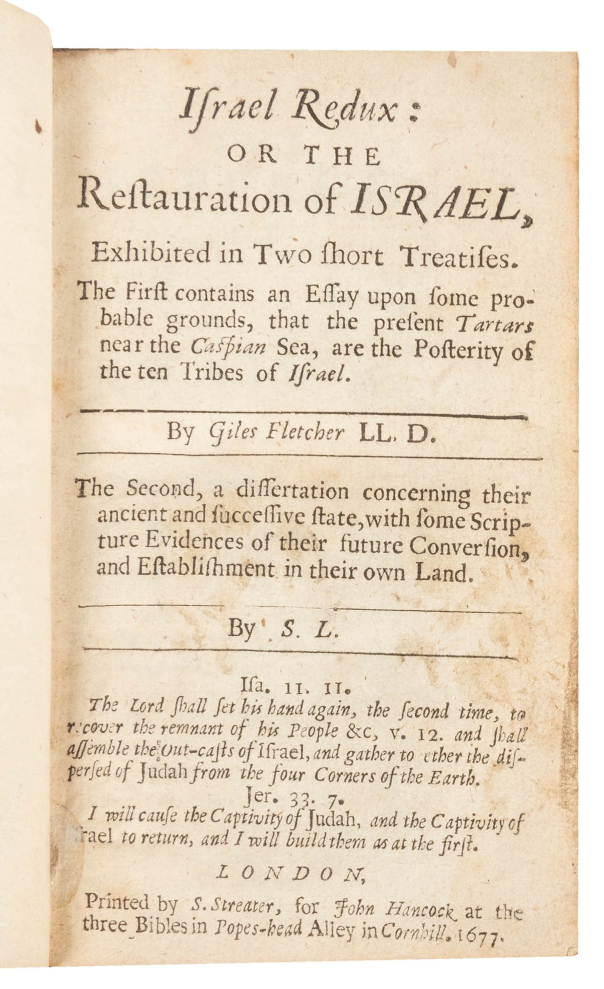 [JUDAICA]. FLETCHER, Giles [and] LEE, S[amuel]. Israel Redu... (1 of 2)