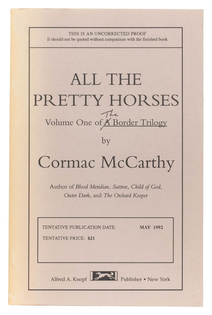 [MCMURTRY, Larry (1936-2021), his copy]. MCCARTHY, Cormac (... (1 of 1)