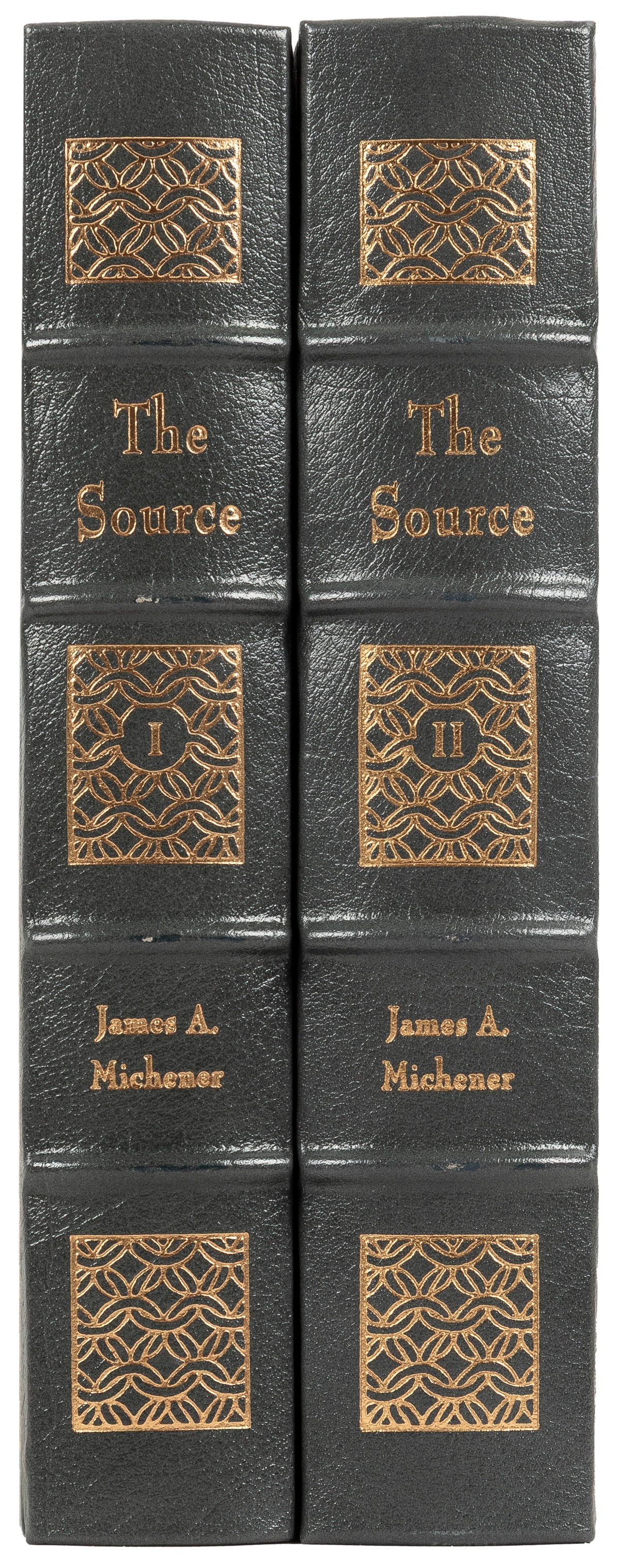MICHENER, James A. The Source. Illustrated by Richard Spark...: MICHENER, James A. The Source. Illustrated by Richard Sparks. Norwalk, CT: The Easton Press, [1989]. 8vos. Illustrated. 2 volumes. Publisher’s finely bound full gray leather, boards and spines s