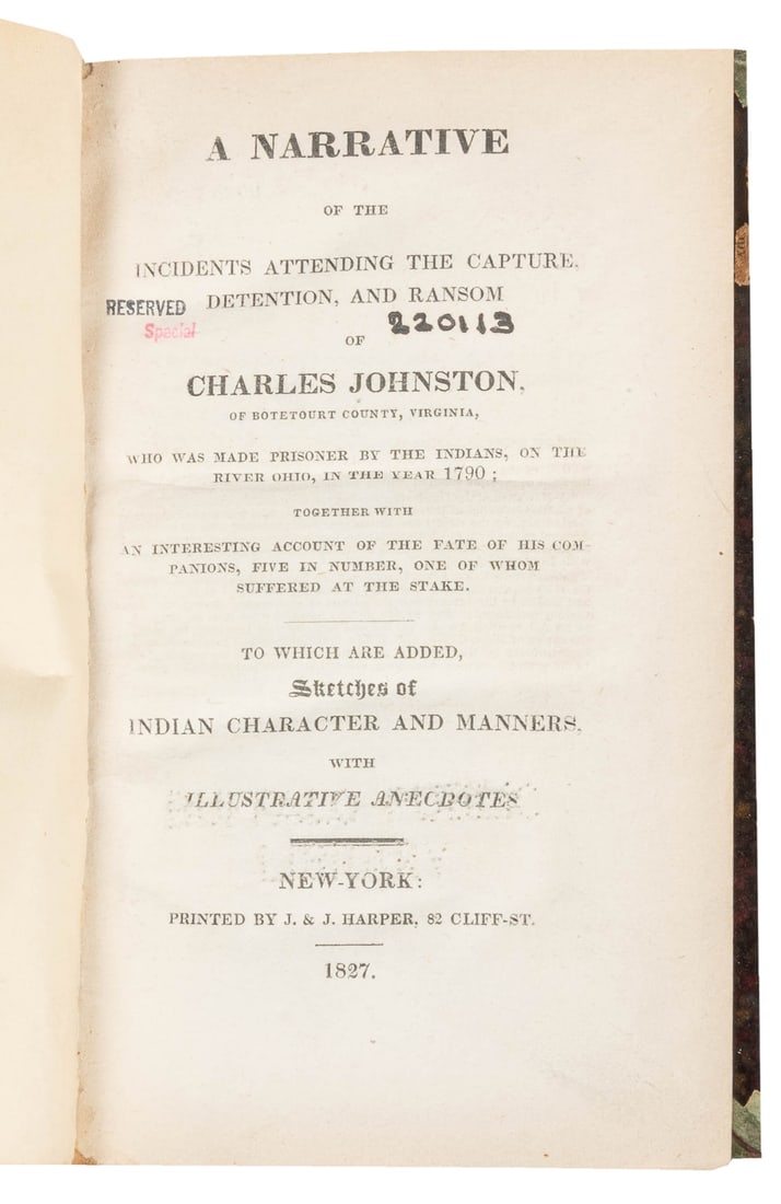 [NATIVE AMERICANS]. JOHNSTON, Charles. A Narrative of the I... (1 of 2)