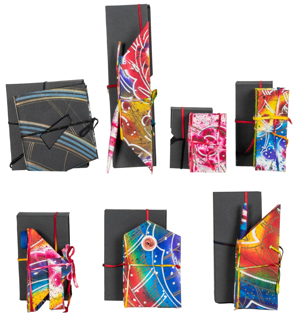 [POP-UPS]. [JOHNSON, Paul, illustrator and designer]. Group...: [POP-UPS]. [JOHNSON, Paul, illustrator and designer]. Group of 7 Small Handmade and Hand-Painted Artistic Pop-Up Books. [England, ca. 1980s]. Beautifully hand-painted bindings in various shapes, each