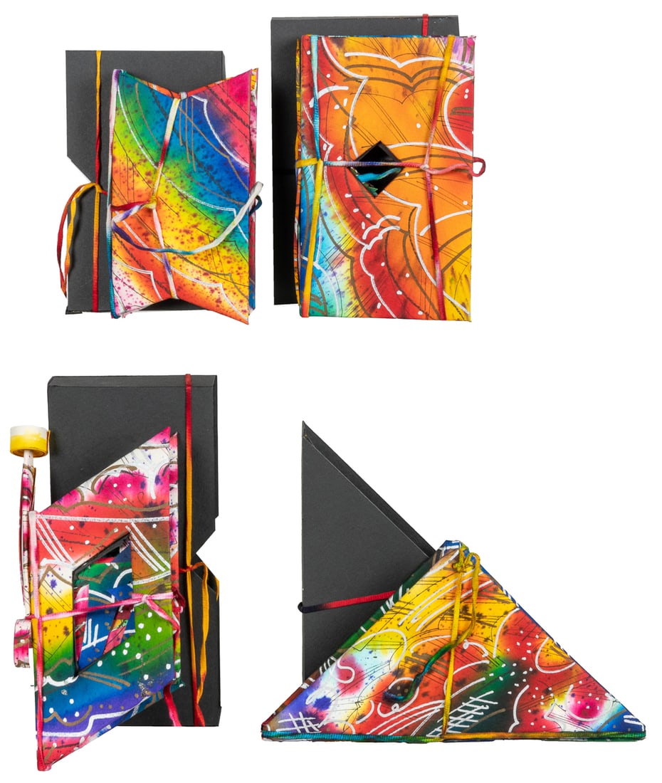 [POP-UPS]. [JOHNSON, Paul, illustrator and designer]. Group...: [POP-UPS]. [JOHNSON, Paul, illustrator and designer]. Group of 4 Medium-Sized Handmade and Hand-Painted Artistic Pop-Up Books. [England, ca. 1980s]. Beautifully hand-painted bindings in various shapes