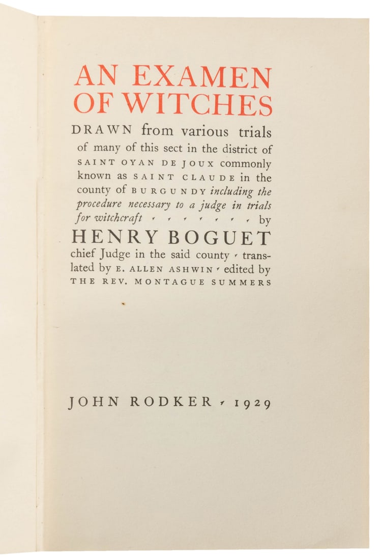 [WITCHCRAFT]. BOGUET, Henry. An Examen of Witches Drawn fro... (1 of 2)