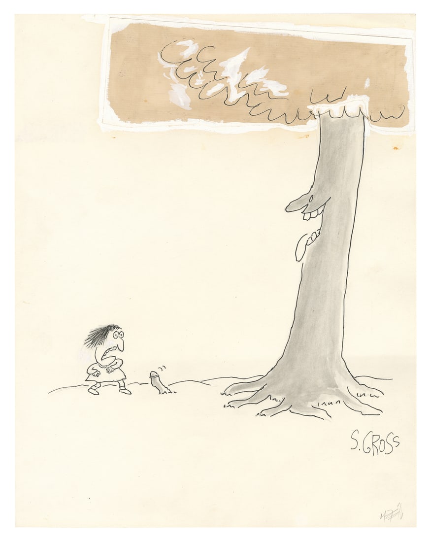 [GROSS, S[amuel], artist]. Bawdy Original Artwork for Natio...: [GROSS, S[amuel], artist]. Bawdy Original Artwork for National Lampoon Magazine. [New York, June 1976]. Pen, ink, and watercolor drawing on white cardstock of a tree with a leering face in front of a