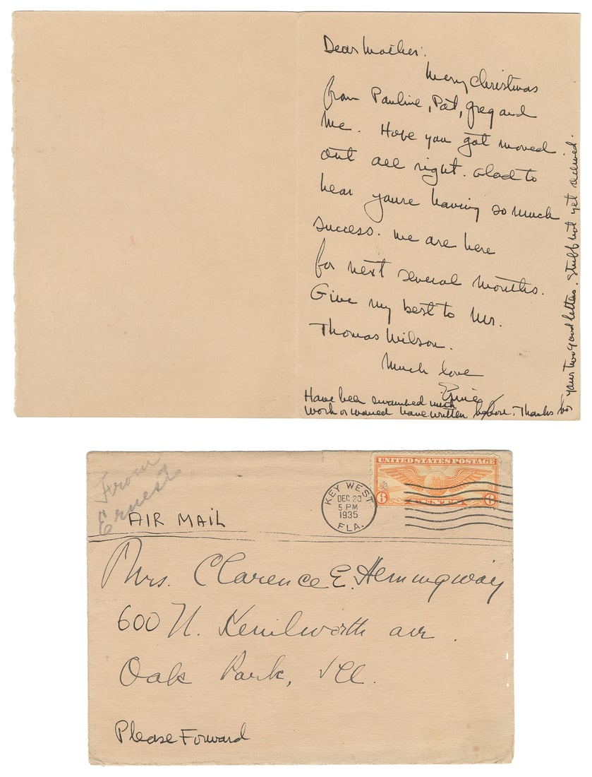 HEMINGWAY, Ernest (1899-1961). Warmly Inscribed Christmas C... (1 of 2)