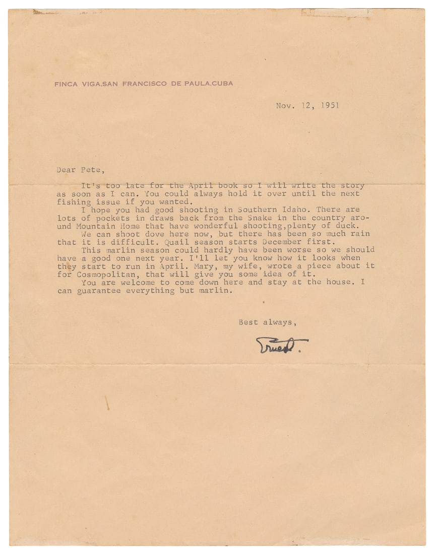 HEMINGWAY, Ernest (1899-1961), association]. Typed Letter S... (1 of 1)