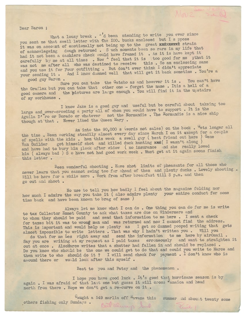 HEMINGWAY, Ernest (1899-1961), association]. Typed Letter S... (1 of 1)