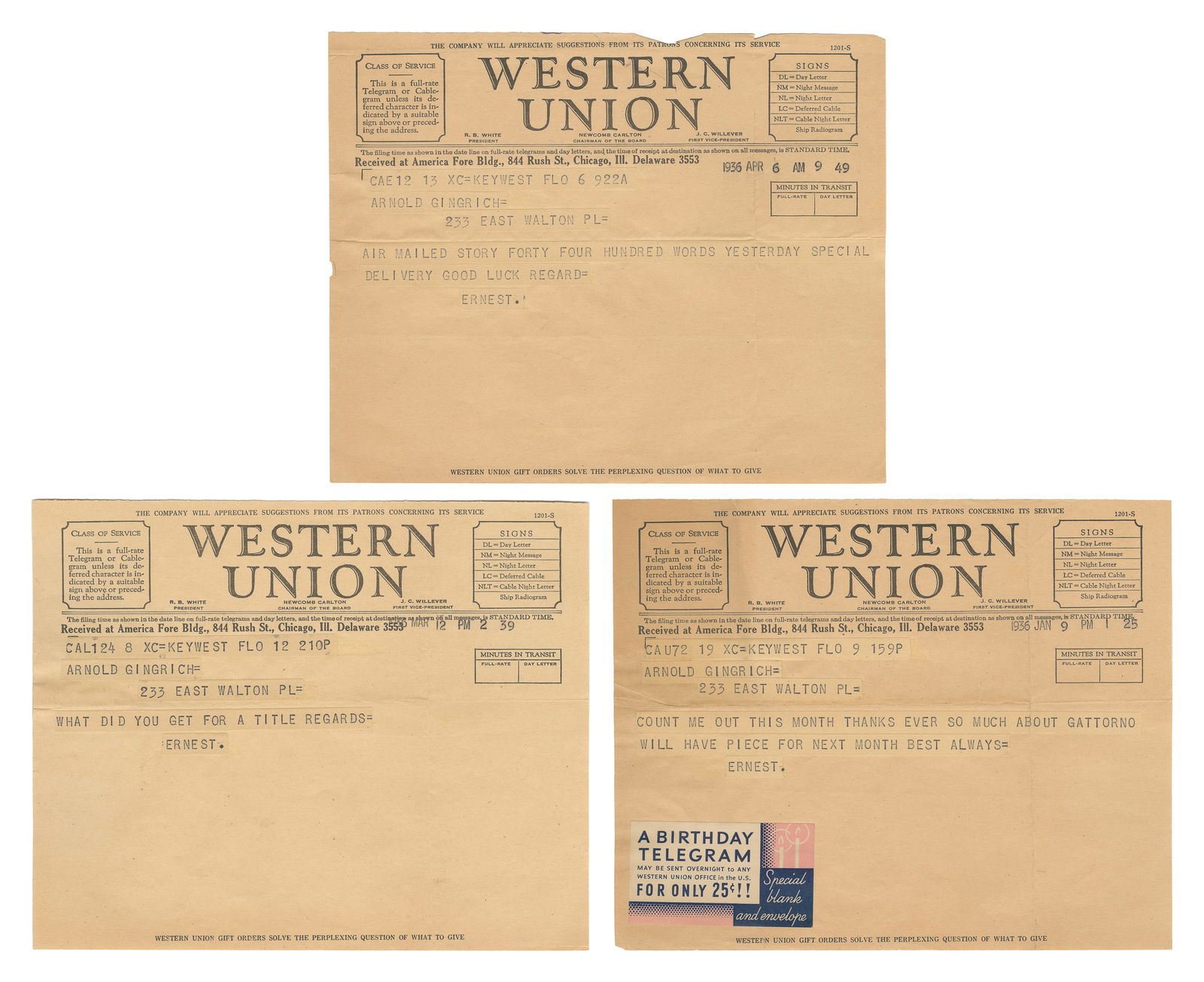 [HEMINGWAY, Ernest (1899-1961), association]. Trio of Origi... (1 of 4)