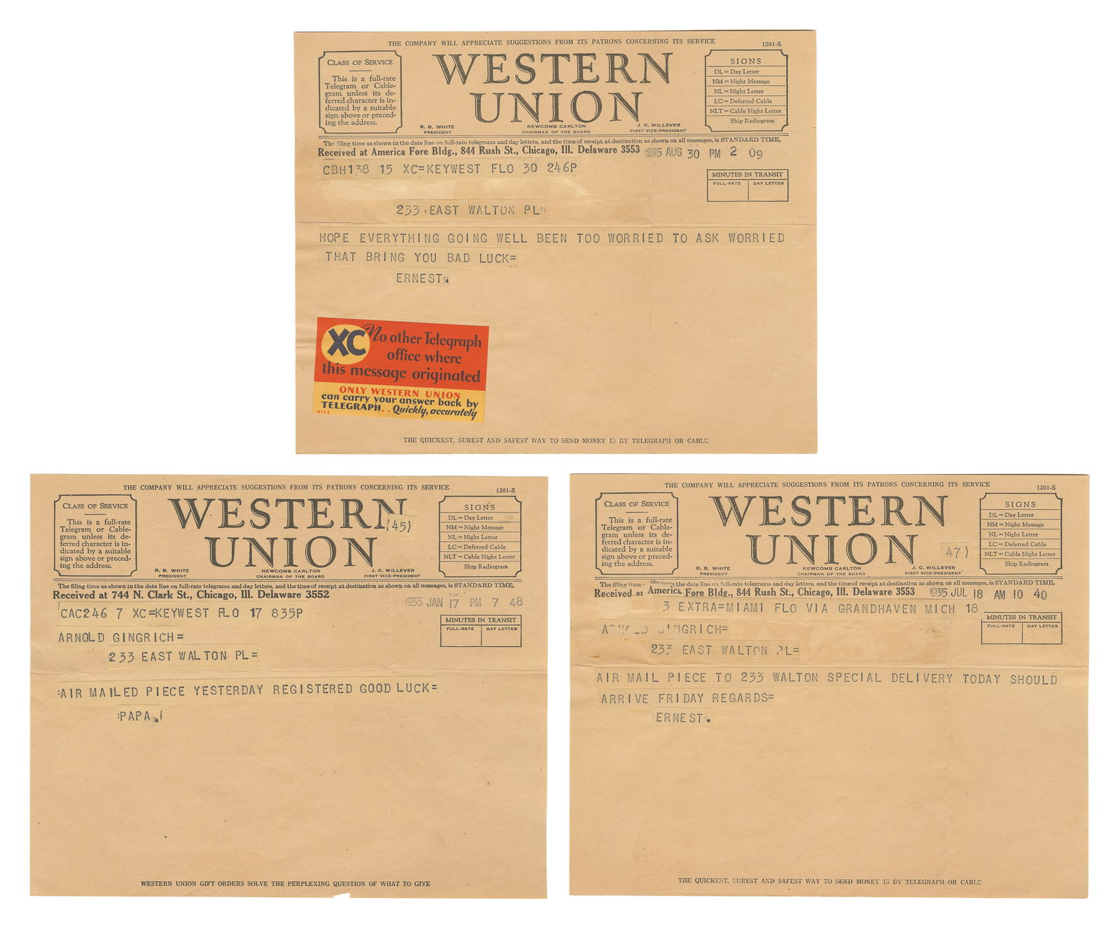 [HEMINGWAY, Ernest (1899-1961), association]. Trio of Origi... (1 of 4)