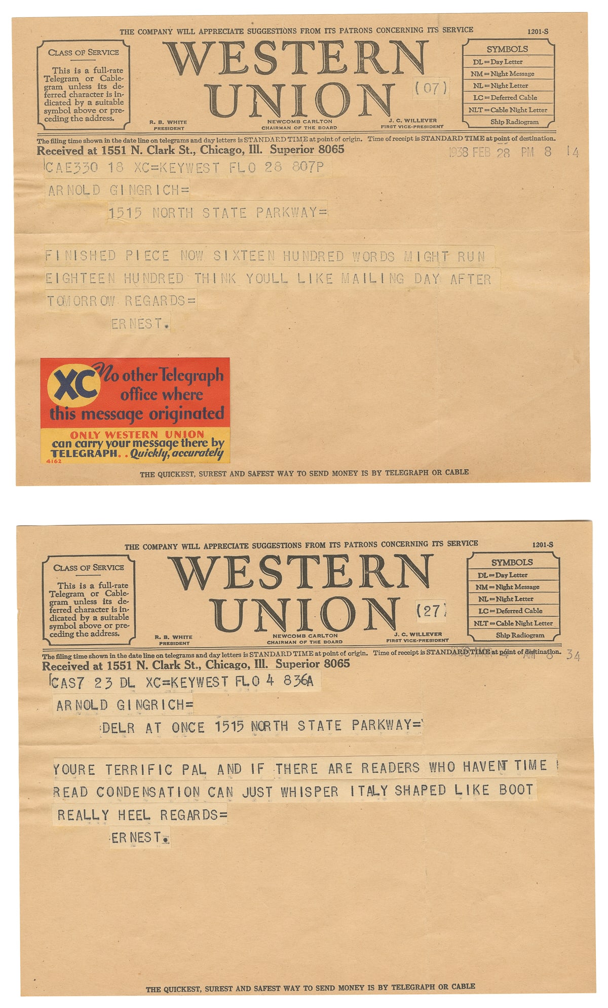 [HEMINGWAY, Ernest (1899-1961), association]. Group of 4 Or...: [HEMINGWAY, Ernest (1899-1961), association]. Group of 4 Original Telegrams from Hemingway to Esquire Editor / Publisher of Esquire Magazine, Arnold Gingrich (1903-1976). Key West, FL via Chicago, IL: