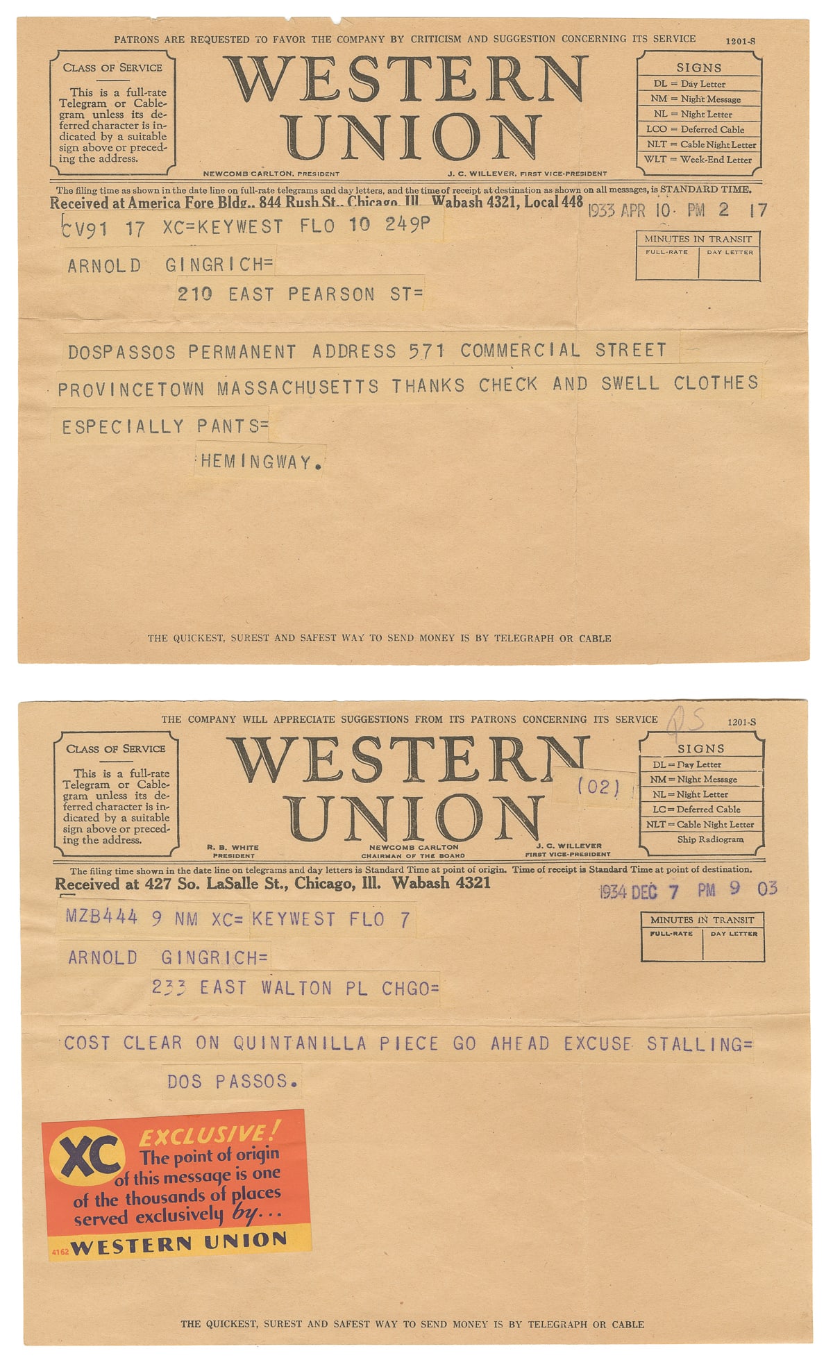 [HEMINGWAY, Ernest (1899-1961), and DOS PASSOS, John (1896-... (1 of 1)