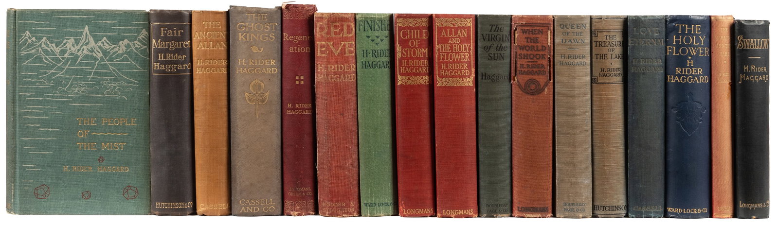 [HAGGARD, H. RIDER]. Group of Nearly 30 Early Editions of H...: [HAGGARD, H. RIDER]. Group of Nearly 30 Early Editions of Haggard’s Books. [V.p., ca. 19th – early 20th centuries]. 8vos. Some illustrated. Publisher’s bindings (worn, soiled, scuffe