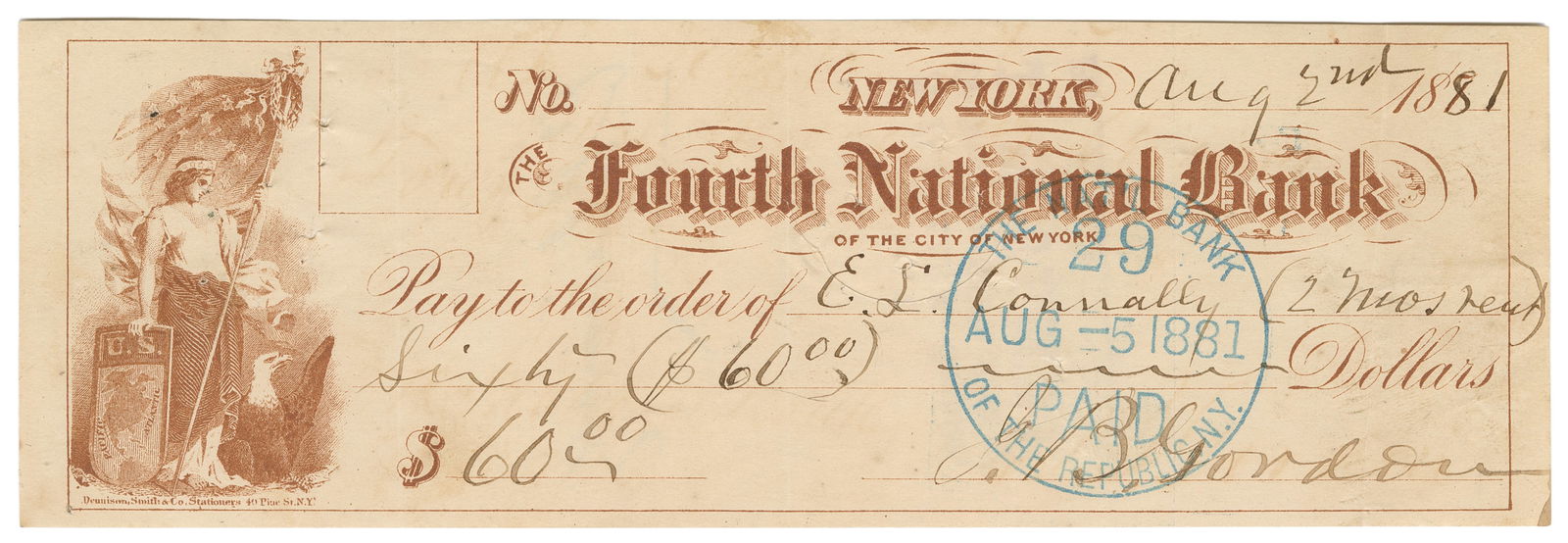 GORDON, John Brown (1832 – 1904). Signed check. New York: 2... (1 of 1)