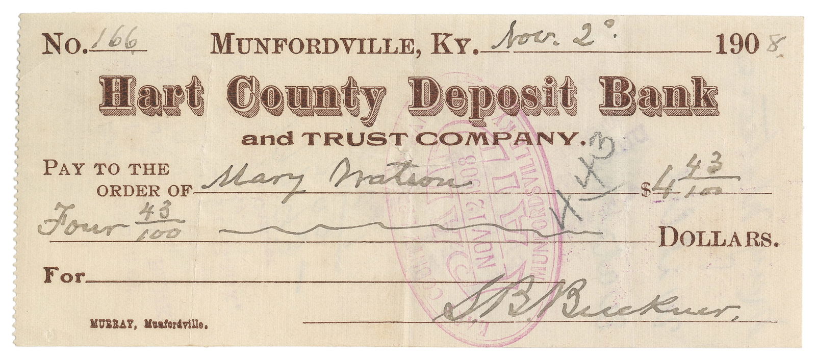 BUCKNER, Simon Bolivar (1823 – 1914). Signed check. Munford... (1 of 1)