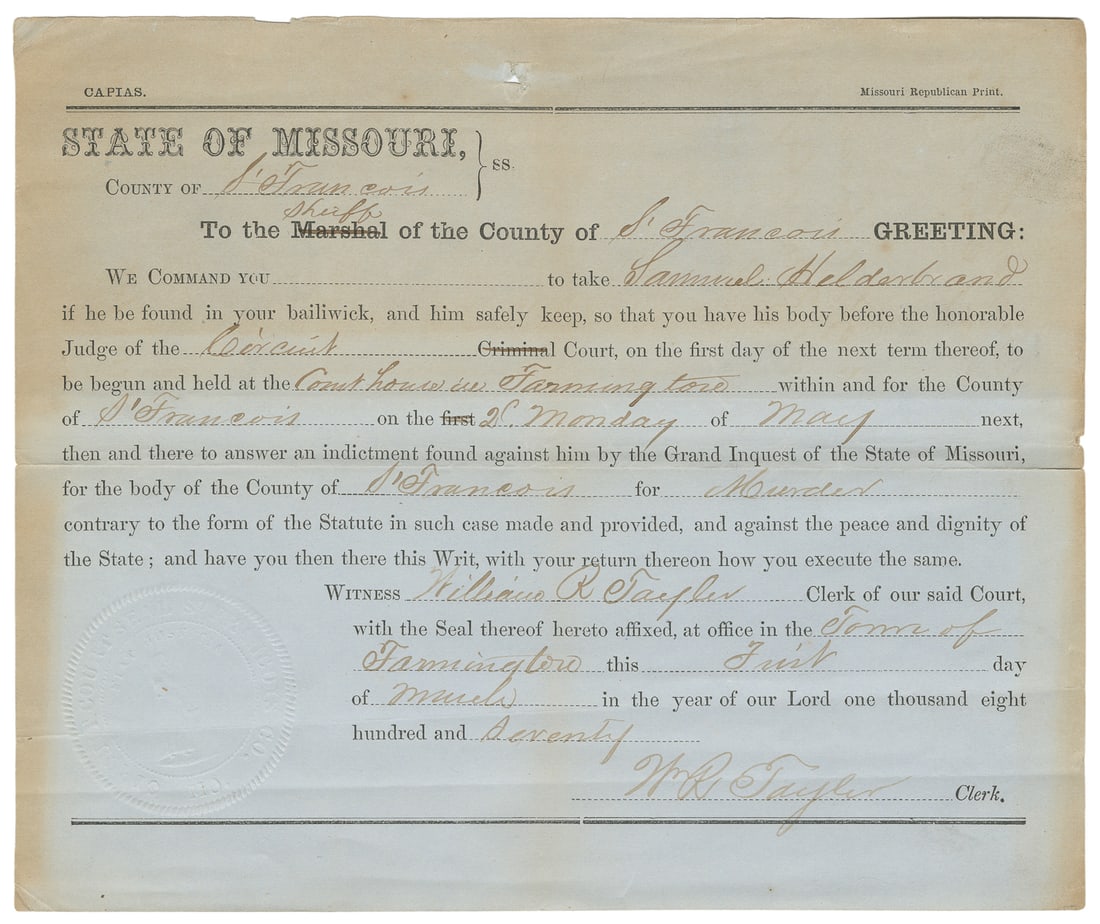 [CIVIL WAR ERA – BUSHWHACKER]. Warrant for arrest of Sam Hi... (1 of 2)