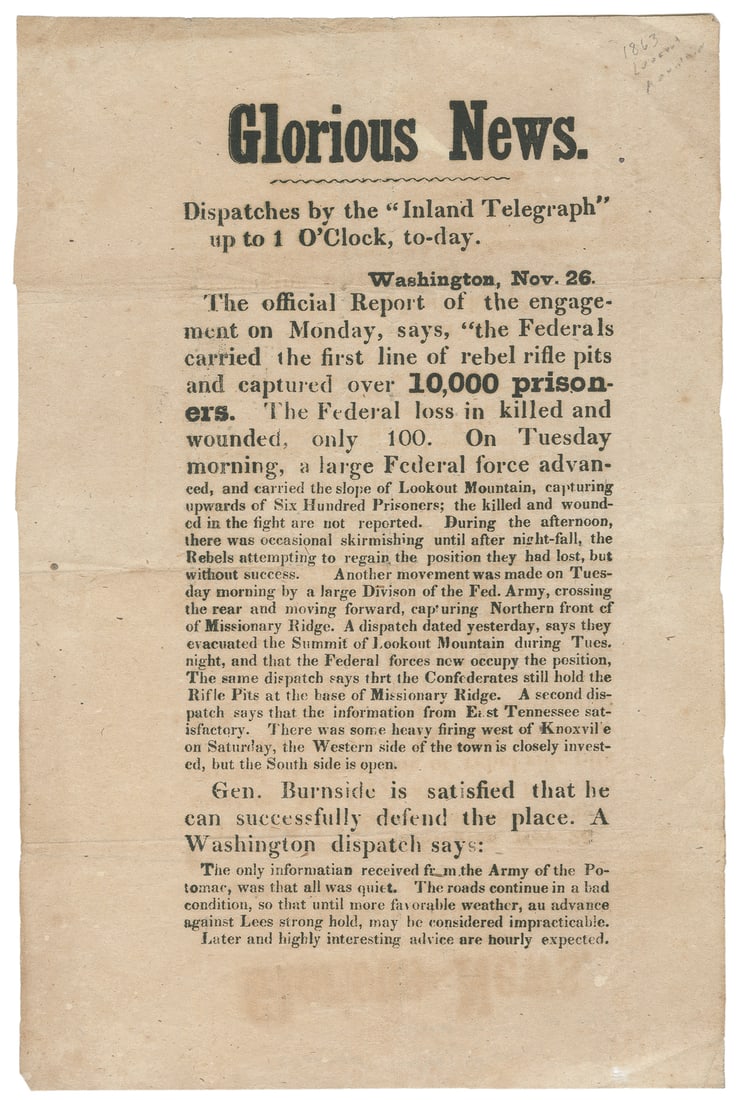 [BATTLE OF LOOKOUT MOUNTAIN]. “Glorious News” broadside wit... (1 of 1)