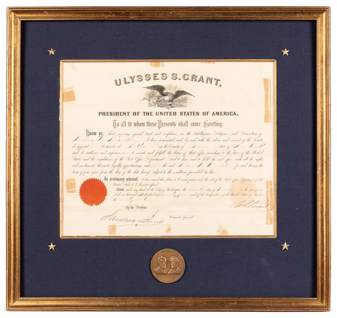 GRANT, Ulysses S. (1822-1885). Signed Postmaster Appointmen...: GRANT, Ulysses S. (1822-1885). Signed Postmaster Appointment, as President. Washington, D.C.: March 11, 1875. Postmaster appointment document signed by Grant and countersigned by the Postmaster Genera