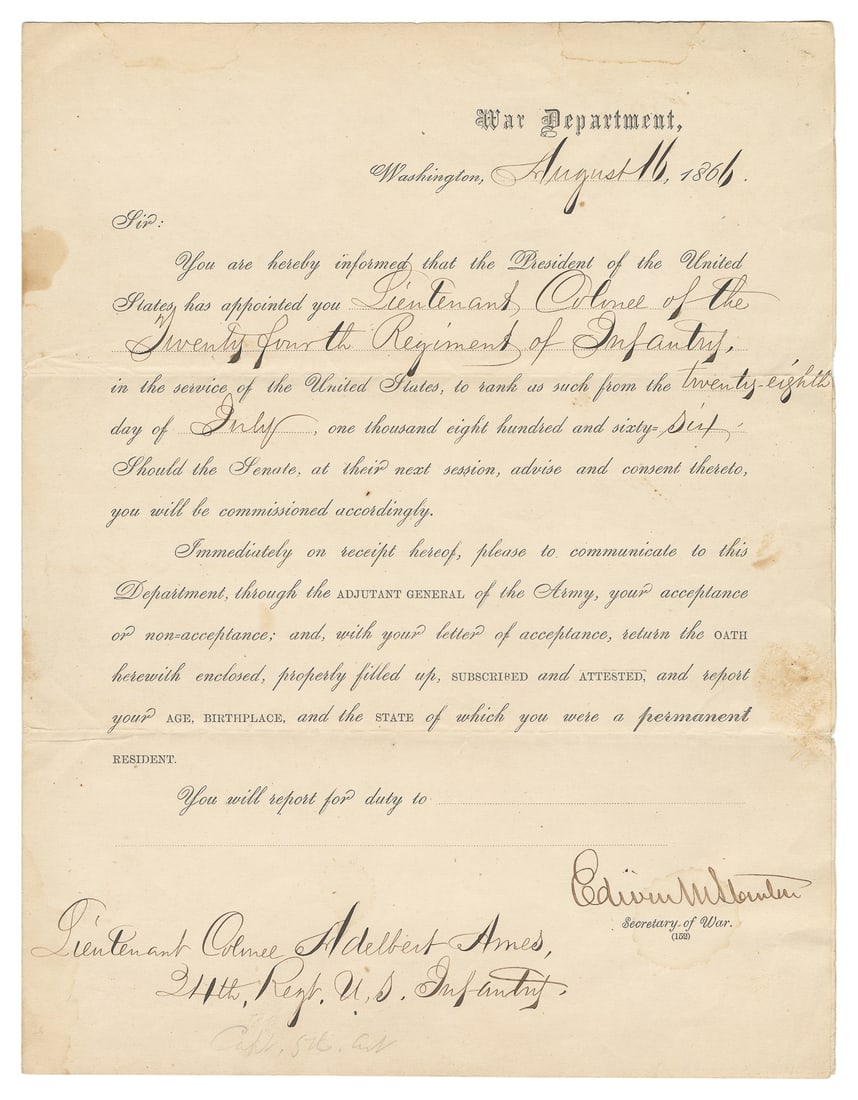 STANTON, Edwin M. (1814 – 1869). Signed Lieut. Colonel’s ap... (1 of 1)